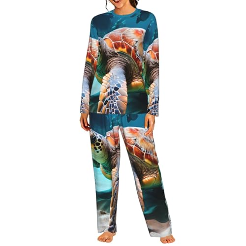 Pyjama femme tortue de mer doux : ensemble vêtement de nuit manches longues taille élastique