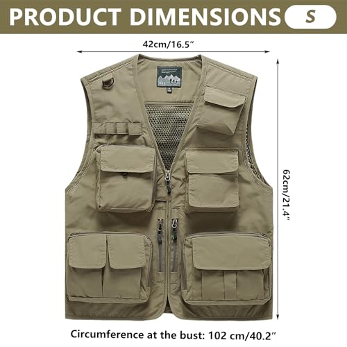 Chaleco de pesca caqui talla S para hombre con panel desmontable y multibolsillos 6