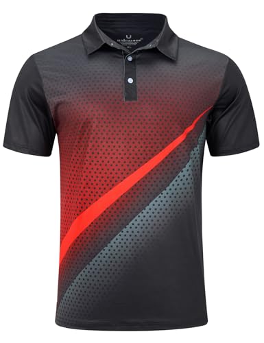 uideazone Mens Golf Shirts Short Sleeve Quick-Dry Funny Polo Shirts Performance Stretch Casual Black Red Athletic Tennis Tops