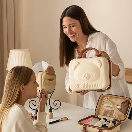 Image of Portable Hard Shell Cosmetic Travel Case, Small Travel Hand Luggage with Elastic Band, Mini ABS Carrying Makeup Case Suitcase (T-Cream&Pink)