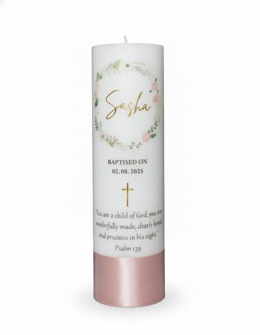 Personalized Printed Baptism Candle with Gold Foil Design| White and Gold| Printed with Bible Verse| Religious Ceremony Keepsake| Customisable Baby Name and Baptism Date (Pink Theme)-image-10