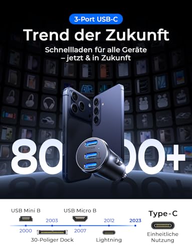 LISEN 108W Zigarettenanzünder USB C, [PD3.0 Superschnelles Laden] 3-Port Autoladegerät Zigarettenanzünder, KFZ Ladegerät USB C… – Ansicht 3
