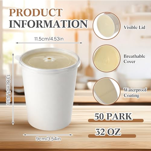 Image of Sabary 50 Pack 32oz Paper Soup Containers with Lids, Disposable to Go Soup Bowls, Ice Cream Cups, Take out Food Storage Containers, Microwavable and Freezer Safe for Ice Cream, Noodles, Snack, Yogurt