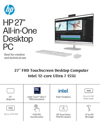 Image of HP All-in-One Desktop Computer, 27'' FHD Touchscreen, Windows 11 Pro, Intel 12-core Ultra 7 155U(Beats i7-1355U), Wi-Fi 6, Bluetooth, Adjustable Height, Anti-Glare (16GB RAM | 1TB SSD)