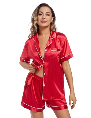 Image of Fivali Women Silk Satin Pajamas Set: Soft Short Sleeve 2 piece Pjs Ladies Button-down Pj Sets Silky Women's Sleepwear
