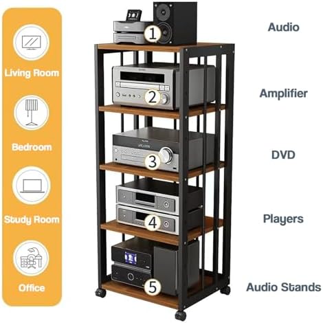 AV media stand with various audio components labeled.