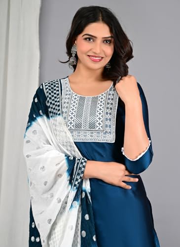 Image of Women's Silk Embroidered Kurta with Pant and Dupatta Set, Straight Style