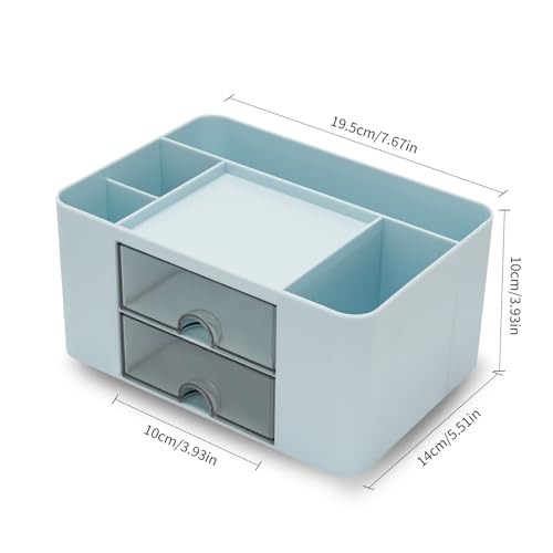 RISEMART Desk Organiser with 2 Drawers, Desk Tidy Organiser with Pen Holder, Large Capacity Desktop Organizer Stationery Storage Box for School Office Home Makeup Desk Supplies (Blue)