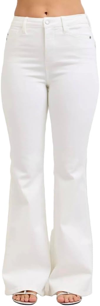 Judy Blue High Rise Tummy Control Flare Jeans in White 33" Inseam Jeans- Ivory Gem