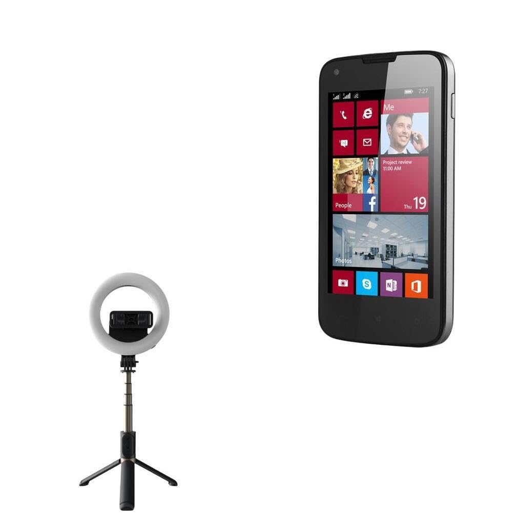 BoxWave Stand and Mount Compatible with Prestigio MultiPhone 8400 Duo - RingLight SelfiePod, Selfie Stick Extendable Arm with Ring Light - Jet Black