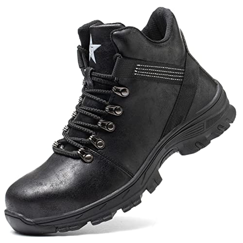 Dajingkj Waterproof Steel Toe Shoes for Men Fashion Lightweight Work Safety Boots for Industrial Construction High Top Motorcycle Riding Shoes Breathable Sneakers Hiking Shoes Size 13 Black