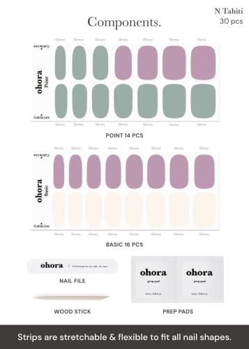 Image of ohora Semi Cured Gel Nail Strips (N Tahiti) - Purple /Green, Solid, Works with UV /LED Lamps, Salon-Quality, Long Lasting, Easy to Apply & Remove - Includes 2 Prep Pads, Nail File & Wooden Stick