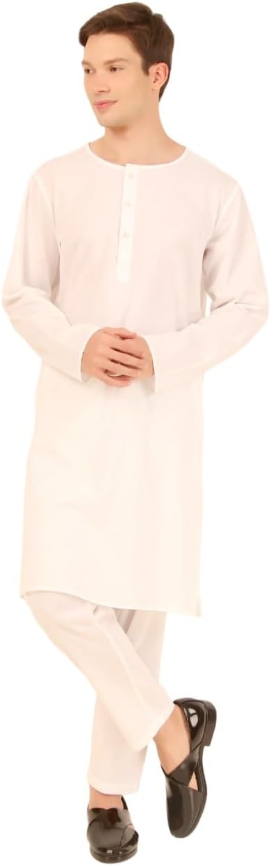 Mens Indian Casual Cotton Kurta Pajama Set - White - Crew Neck