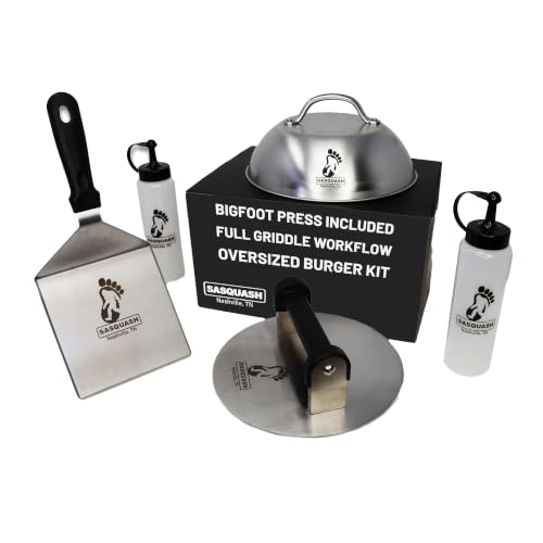Image of Sasquash Burger Press Kit, 5 Piece Smash Burger Set, Smash Burger Press, Spatula, Melting Dome and 2 Squirt Bottles for Griddle and Grill, Stainless Steel, Kitchen Gadgets, Grilling Accessories