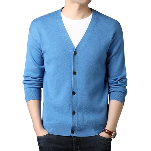 Mens V Neck Slim Cardigans Long Sleeve Button Down Casual Knitted Sweater Basic Designed Cotton Pockets Cardigan (Light Blue,165)