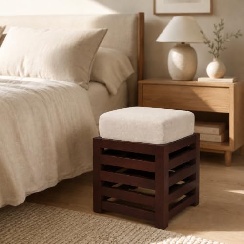 Image of Multipurpose Wooden Puffy with Footrest, Dressing Table, and Solid Wood Stool with Cushion for Living Room, Bedroom, Balcony, etc.