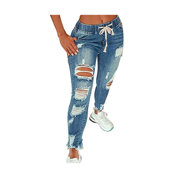 KUNMI Women High Waist Skinny Stretch Ripped Jeans Destroyed Denim Pants Plus Size Blue