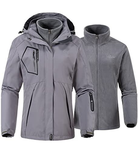 YSENTO Damen 3 in 1 Outdoor Winter Softshell Funktionsjacke mit Fleecejacke Wasserdichte Regenjacke Winter Warme Winddichte Übergangsjacke(Grau,M)