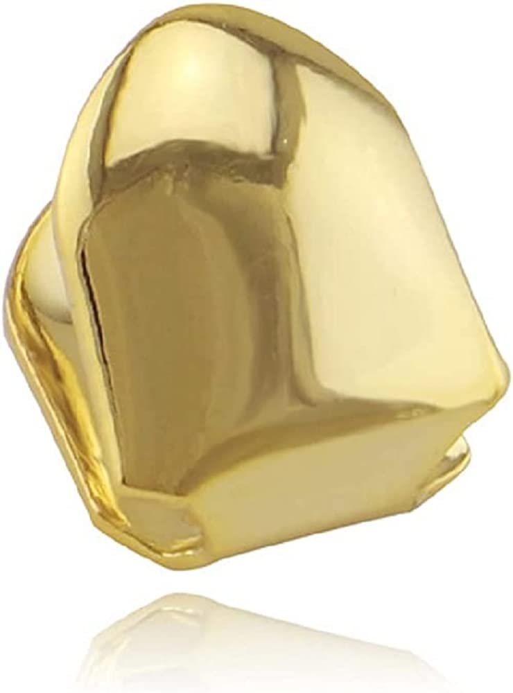 14K Plated Gold Grillz Mouth Teeth, Hip Hop Teeth Plain,Fake Top Tooth Single Grill Cap for Men Women Party Cosplay Rapper Accessories Teeth Grills