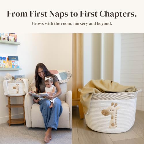 Image of Giraffe Baby Storage Basket, Woven Cotton Rope Nursery Bin, 15x11 in | Stuffed Animal and Blanket Storage, Soft Felt Giraffe Patch, Safari Nursery Decor, Baby Shower, Kids Playroom Organizer