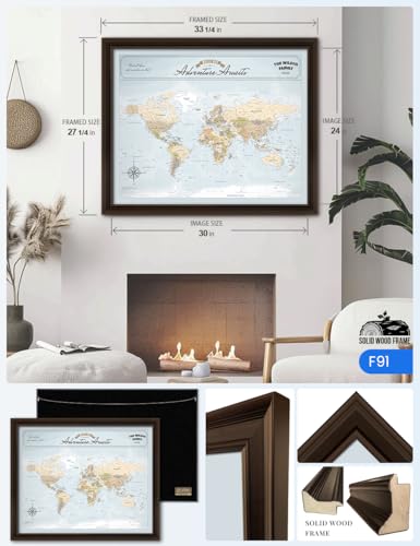 Image of IPIC - Custom Framed world map wall art, Push Pin Map Decor to Mark Travels, Personalized Artwork with Names and Message on, Large World Travel Map Print for Home, Office, Study, and RV