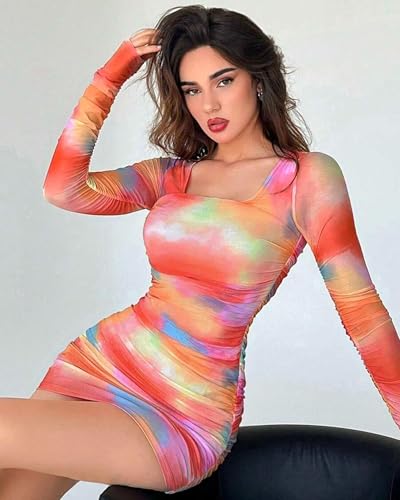 Image of MOEENCN Women's Sexy Mesh Dress Square Neck Long Sleeve Ruched Printed Bodycon Party Club Cocktail Mini Dresses