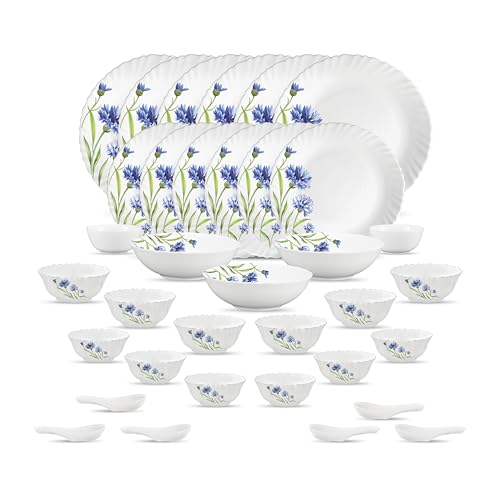 La Opala Opal Glass Crockery | for Family of 6 | Dinner Set 35 pcs Floral Fountain | Plates & Bowls for Dining | Microwave Safe | 100% Vegetarian | Ex