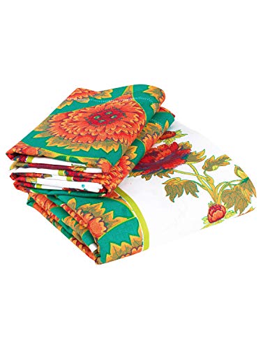 Image of Story@Home Magic Ethnic Collection Floral 100% Cotton 1 Bedsheet for Double Bed and 2 Pillow Covers - White & Turquoise कपास डबल बेडशीट