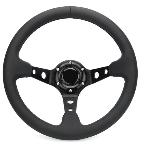 Universal 6 Bolts Racing Steering Wheel 320mm 12.5' Black Genuine Leather Grip Aluminum Frame Deep...