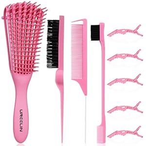 Detangling Brush set,Detangler Hair Brush with Teasing & Edge Brush for Curly Hiar, Rat Tail Comb Alligator Hair Clips for 3a to 4c Kinky Wavy/Curly/Coily/Wet/Dry/Oil/Thick/Long Hair(Pink)