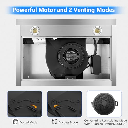 Image of 400 CFM Under Cabinet Range Hood 30 Inch, Stainless Steel Stove Vent Hood with 3 Speed Kitchen Exhaust Fan and Two Bright LED Light, Kitchen Hood 30 Inch for Duct /Ductless Convertible