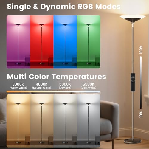 Image of SIBRILLE RGB Torchiere Floor Lamp - 30W Dimmable LED Standing Lamp with Remote, Multi Color Changing, 72in Tall Corner Light, Bright Standing Pole Light for Office Living Room Bedroom Basement, Black