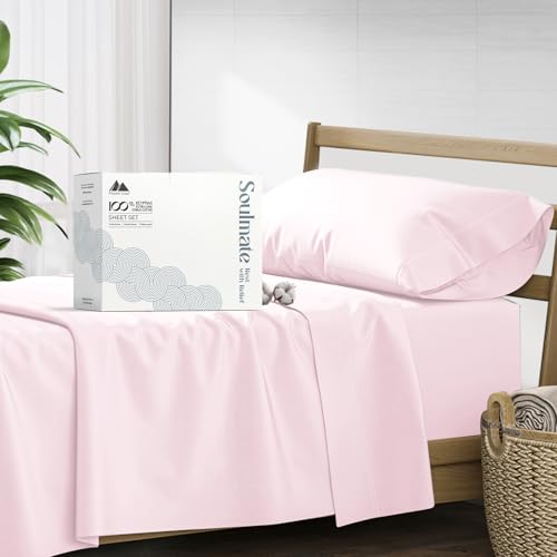 Mayfair Linen 100% Egyptian Cotton Twin XL Sheet Set - 500 Series Soulmate Collection Cotton Sheets Twin XL Size (3 PC, Blush), Soft, Cooling Sateen Weave 16" Deep Pocket College Dorm Room Sheet