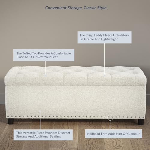 Image of BELLEZE Storage Ottoman, Tufted Ottoman with Close Hinge, Foot Rest for Living Room (White, 47 inch)