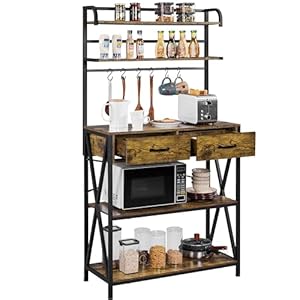 costoffs 5-Tier Kitchen Baker’s Rack, Coffee Bar Station Microwave Stand with 2 Drawers and S-Hooks, Utility Storage Shelf Unit for Kitchen/Dining Room/Living Room/Office, Rustic Brown