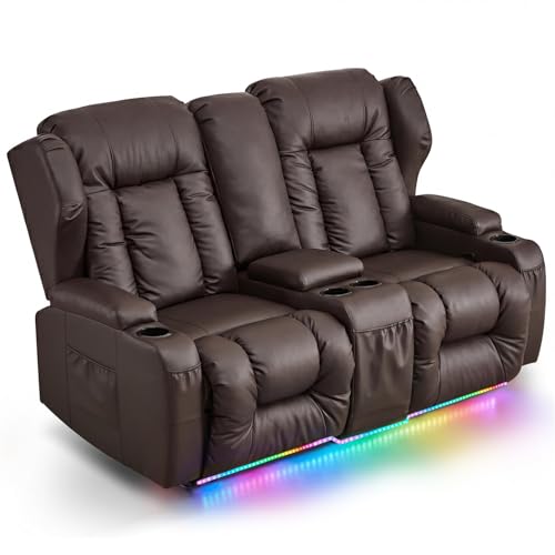 Image of Loveseat Recliner Sofa with Console,RV Wall Hugger Recliners for Small Spaces,Reclining Loveseat Sofa Recliner with LED Lights /Cup Holders /Lumbar Pillows,RV Furniture,PU Brown,66 inch 2-Seater with Light