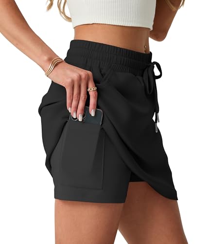 GRECERELLE Skort Damen Tennisrock mit Hose drunter Hosenrock Kurz für Sport & Freizeit Rock A-Linie Elastischer Bund Sportrock (Schwarz, XL)