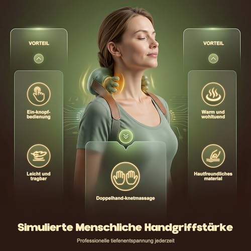 Massagegerät, 4D Nackenmassagegerät mit Wärme, Tragbares Nacken, 3 Modi und 2 Heizstufen, USB Elektrische, Entspannt die Muskeln und lindert Müdigkeit, für Zuhause & Büro, Grün