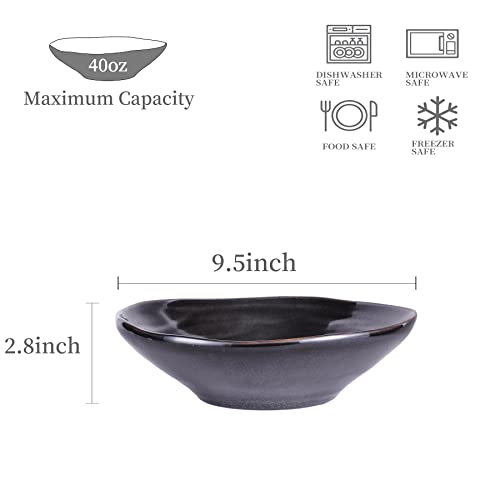 Uaral Large Salad Bowl Soup Bowl, 40 Ounce Black Pasta Ceramic Wide And Shallow Large Serving Bowl Bowl,Set Of 2(Reactive Black) #TOP5