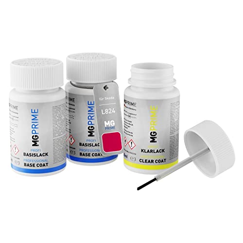 MG PRIME Peinture voiture Kit de stylo retouche pour Skoda L824 / 7G Himbeerrot/Rouge Framboise de fond, de base, de vernis de 50ml par flacon