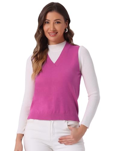Image of Allegra K Women's V Neck Sweater Vest Knit Pullover Sleeveless Sweater Top | v neck, sleeveless, solid color, high low hem, basic pullover sweater vest, knit fabric, spring casual top