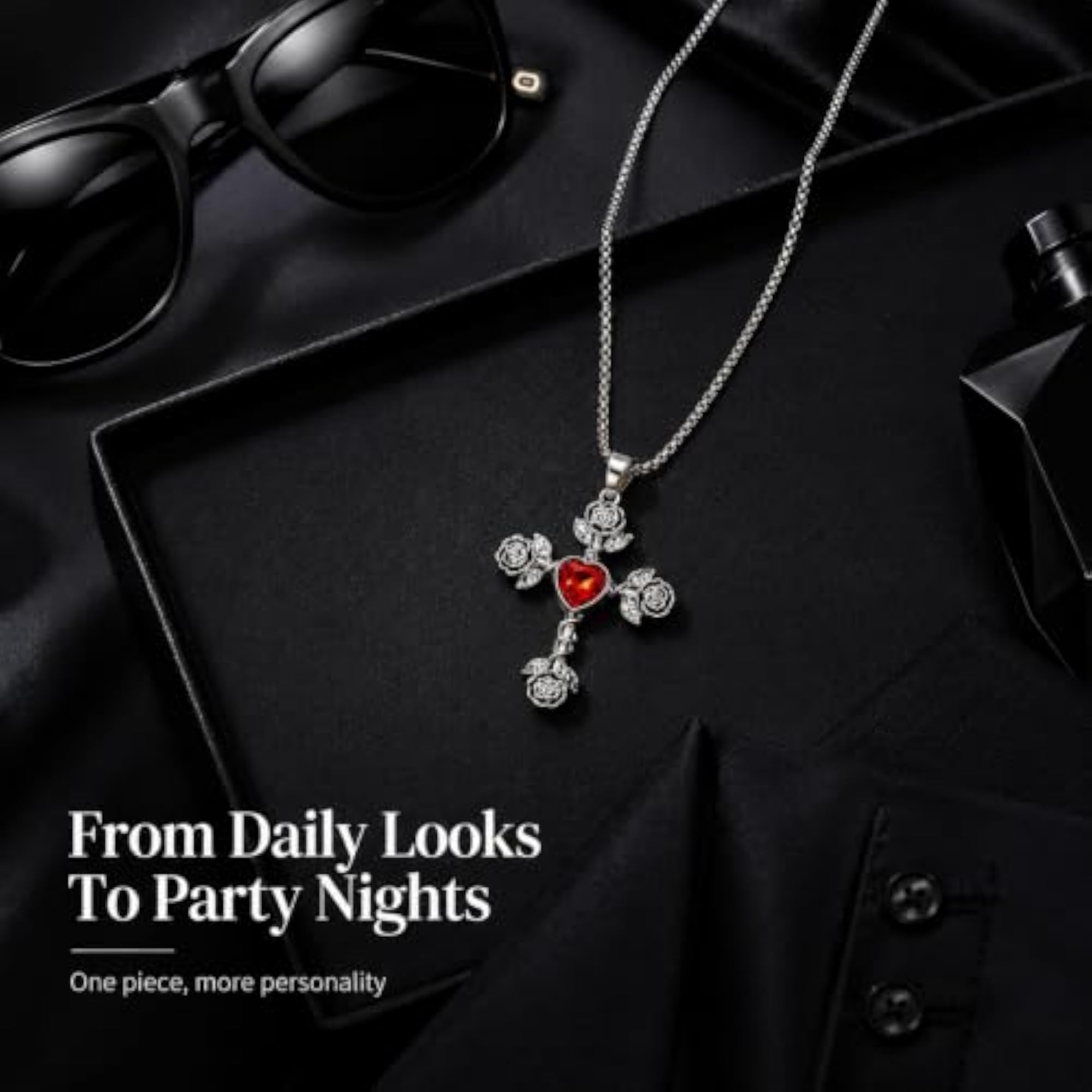 Vintage Rose Cross Pendant Necklace with Red Crystal