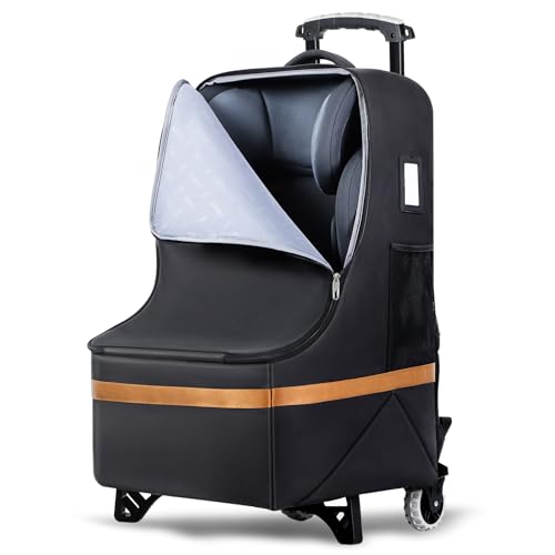 Tonyeee Upgraded Car Seat Travel Bag with Wheels, Car Seat Bags for Air Travel, Car Seat Storage Bag with Foldable Trolley, Padded Car Seats Backpack for Airplane, Airport Gate Check, Black