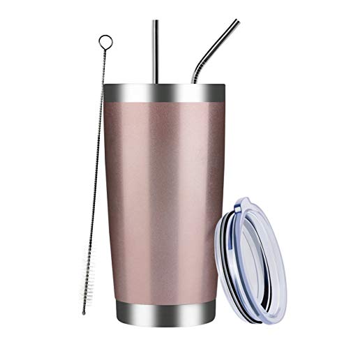 MEWAY 20oz Tumbler Cup Double Wall Vacuum Insulated Travel Mug Bulk, Stainless Steel Tumblers with Lid and Straw, Durable Powder Coated Coffee Cups for Cold & Hot Drinks (Rose Gold, 1)