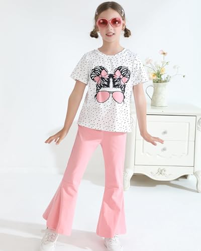 Image of CARETOO Girls Summer Outfit Poster Girl Matching Sister 2pcs Sets Printed t-Shirt + Flare Leg Pants For 3-10 Years