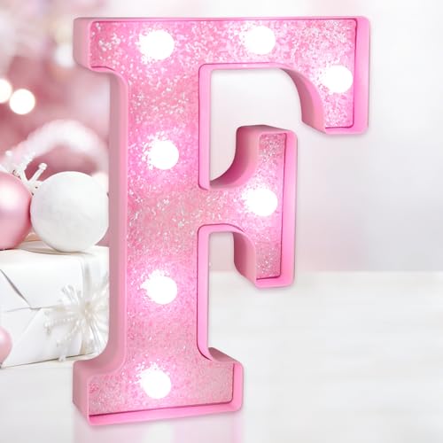 IFDGCTK Pink Glitter LED Light Up Letter F, Cold White Light Marquee Letter