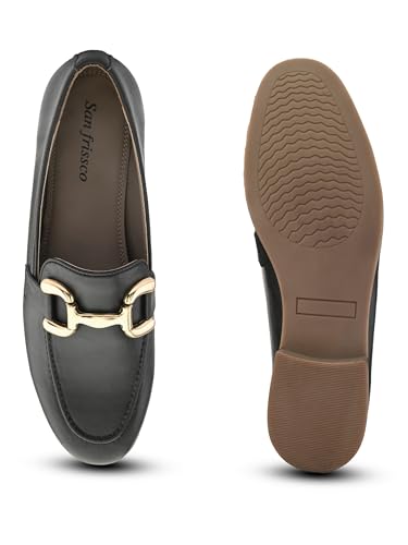 Image of San Frissco Women's Loafers | Solid Round Toe Slip-On Shoes for Women PU Moccasins with Horsebit & Buckle | Comfortable $ Lightweight for Casual, Office & Daily Use