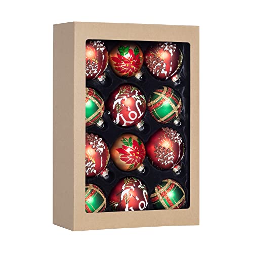 12-Piece Christmas Ornament Set - Colorful Glass Balls for Xmas Tree Decoration - Red, Golden & Green