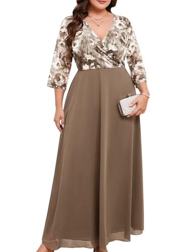 Image of ZOMVA Plus Size Maxi Formal Dress Lace Chiffon Floral V-Neck Wrap Wedding Guest Evening Gown Cocktail Prom 3 /4 Sleeves