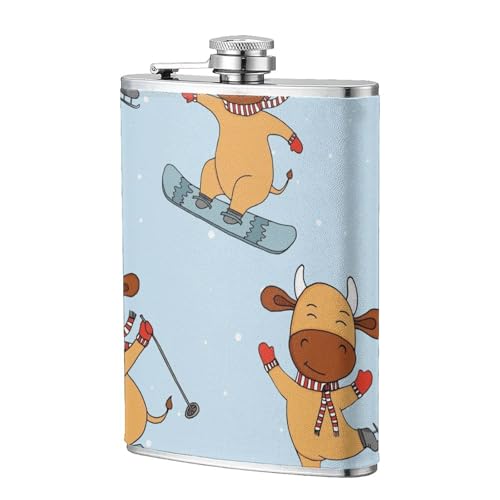 Des vaches drôles qui skient,Flasque de poche plate de 8 oz en acier inoxydable 304, idéale pour les activités de plein air.